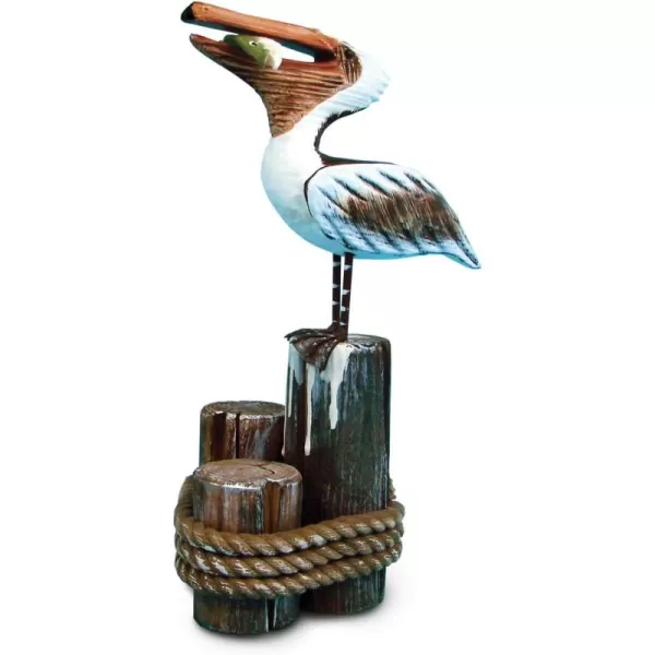 COTA Global Nautical Wooden Standing Pelican Figure Statue  Crafted Pelican Perched on Wood Posts with Beach Style Ropes  Decorative Tabletop Sea Bird Statue  Handmade
