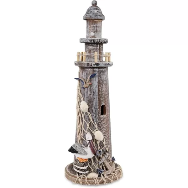 CoTa Global Brown Wooden Lighthouse Decor  Handcrafted Nautical Lighthouse Table Top Centerpiece with Pelican  Fishing Net Seashells and Anchor Decor Lighthouse Outdoor Decor  1425 Inches