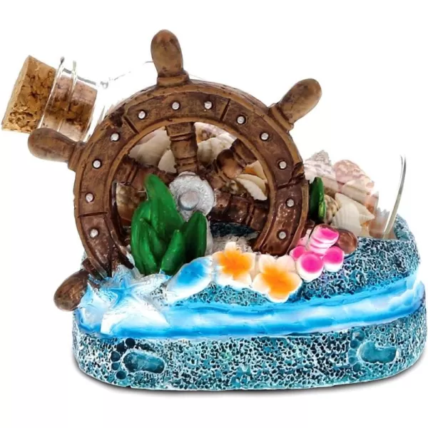 CoTa Global Resin Ship Wheel Miniature with Seashells in a Bottle 35 Inch Intricate ampamp Meticulous Art Figurine Decorative Tabletop Sculpture Centerpiece Snow Globe Nautical Beach Themed Home Dcor