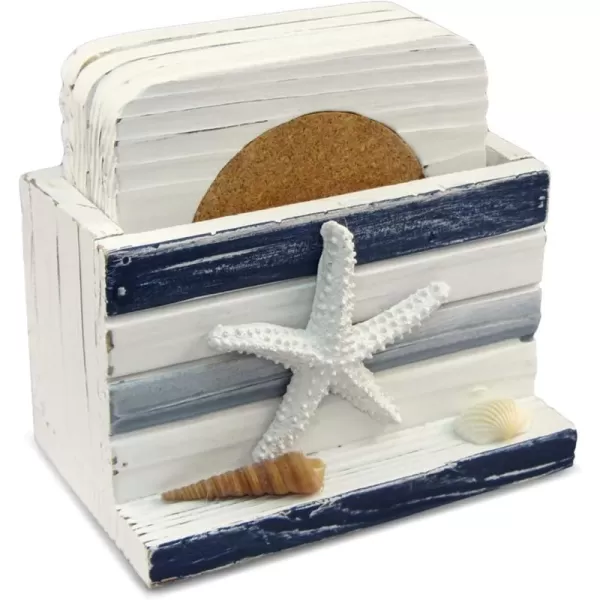 Puzzled White and Blue Stripes Wooden Nautical Coasters  Tabletop Wooden Coastal Decor for Home Kitchen Bar Beach Themed Gifts Square Coasters Set of 4 Handmade Drink Coasters with Holder