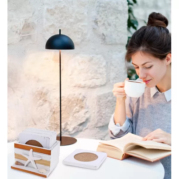 COTA Global Brown Nautical Wooden Coaster Set  Table Top Centerpiece Coastal Decor for Kitchen Home Beach House Rustic Decorative 6 Coasters Set with Starfish Holder  Handmade Color May Vary