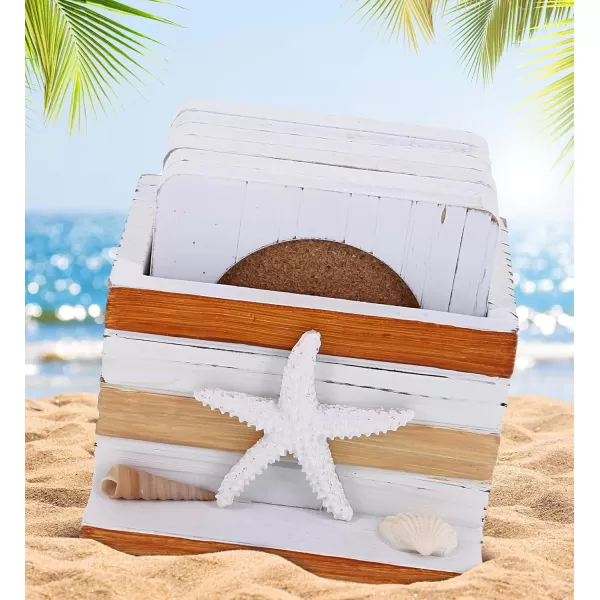 COTA Global Brown Nautical Wooden Coaster Set  Table Top Centerpiece Coastal Decor for Kitchen Home Beach House Rustic Decorative 6 Coasters Set with Starfish Holder  Handmade Color May Vary