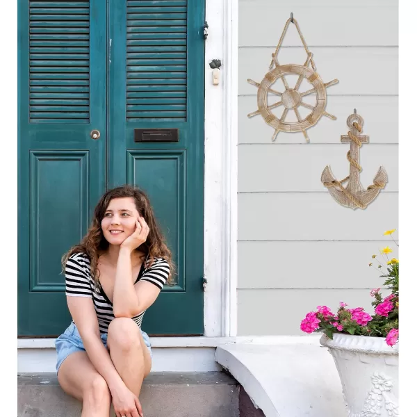 CoTa Global Baja Beach Wall Decor Anchor and Ship Wheel Set  Handmade and Crafted Wooden Anchor and Wheel with Ropes for Hanging Nautical Themed Home Decor
