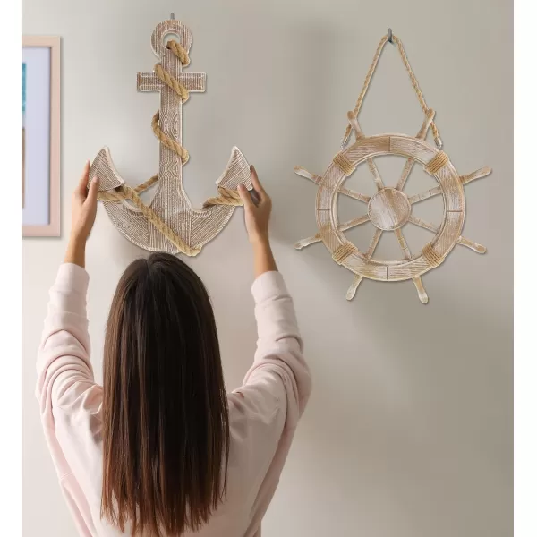 CoTa Global Baja Beach Wall Decor Anchor and Ship Wheel Set  Handmade and Crafted Wooden Anchor and Wheel with Ropes for Hanging Nautical Themed Home Decor