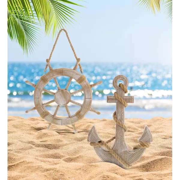 CoTa Global Baja Beach Wall Decor Anchor and Ship Wheel Set  Handmade and Crafted Wooden Anchor and Wheel with Ropes for Hanging Nautical Themed Home Decor