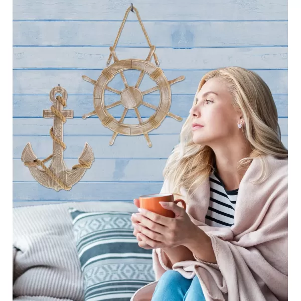 CoTa Global Baja Beach Wall Decor Anchor and Ship Wheel Set  Handmade and Crafted Wooden Anchor and Wheel with Ropes for Hanging Nautical Themed Home Decor