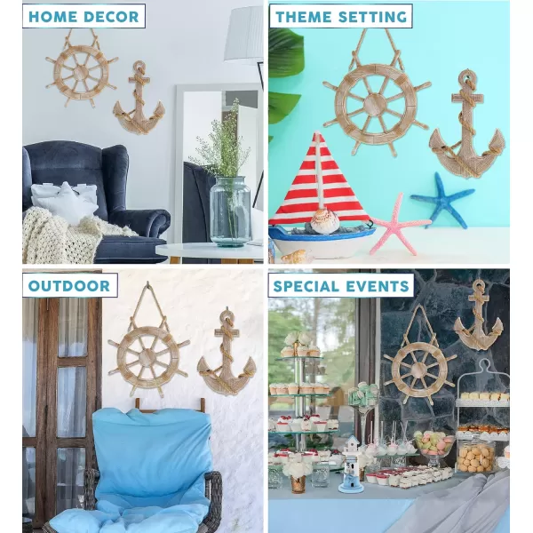 CoTa Global Baja Beach Wall Decor Anchor and Ship Wheel Set  Handmade and Crafted Wooden Anchor and Wheel with Ropes for Hanging Nautical Themed Home Decor