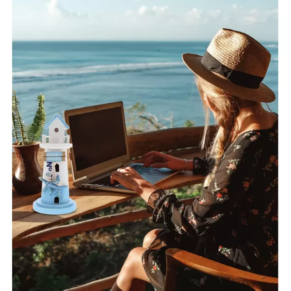CoTa Global Blue Mist Lighthouse Decor  Handmade and Crafted Wooden Lighthouse Decoration with Ocean Blue Starfish Decorative Beach Style Tabletop Centerpiece  85 Inch