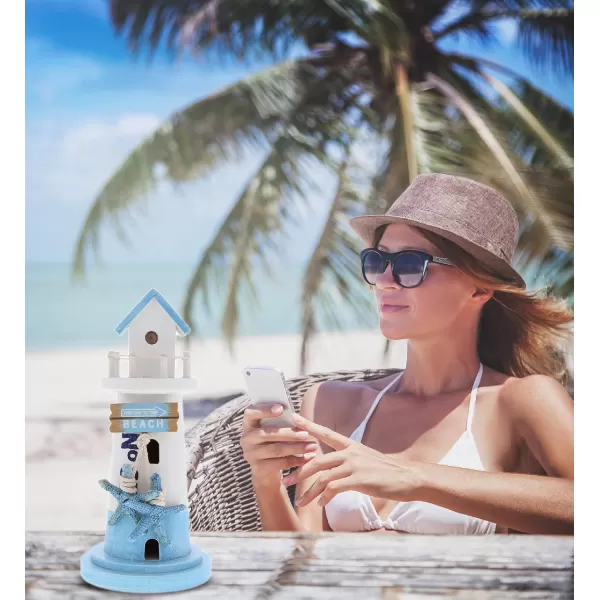 CoTa Global Blue Mist Lighthouse Decor  Handmade and Crafted Wooden Lighthouse Decoration with Ocean Blue Starfish Decorative Beach Style Tabletop Centerpiece  85 Inch
