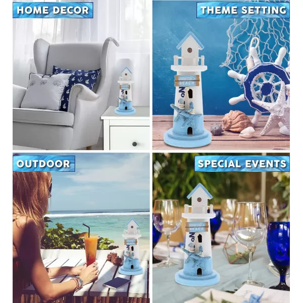 CoTa Global Blue Mist Lighthouse Decor  Handmade and Crafted Wooden Lighthouse Decoration with Ocean Blue Starfish Decorative Beach Style Tabletop Centerpiece  85 Inch