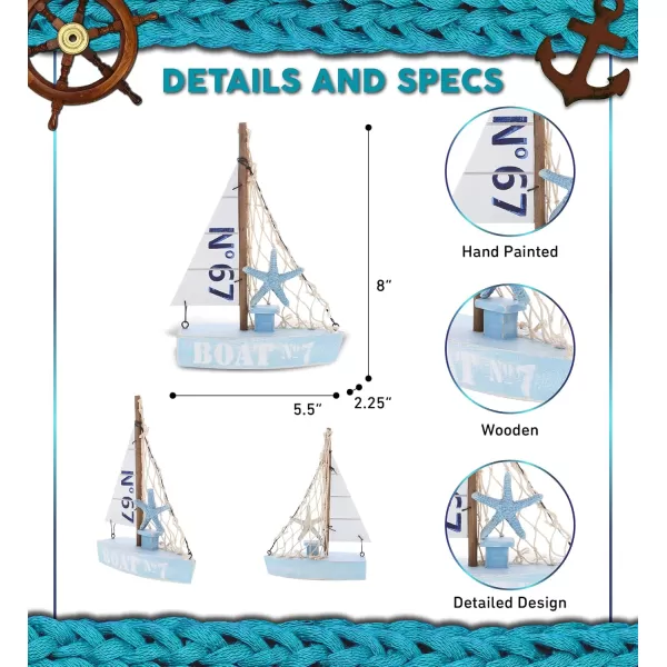 CoTa Global Blue Mist Sailboat Decor  Handmade Wooden Boat Decor Cute Beach Style Model Sail Boat Decorations Nautical Themed Table Top Decor Living Room Centerpiece  8 Inch