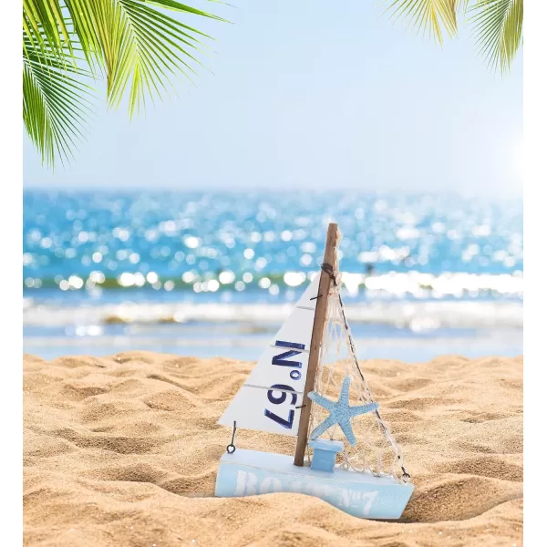 CoTa Global Blue Mist Sailboat Decor  Handmade Wooden Boat Decor Cute Beach Style Model Sail Boat Decorations Nautical Themed Table Top Decor Living Room Centerpiece  8 Inch