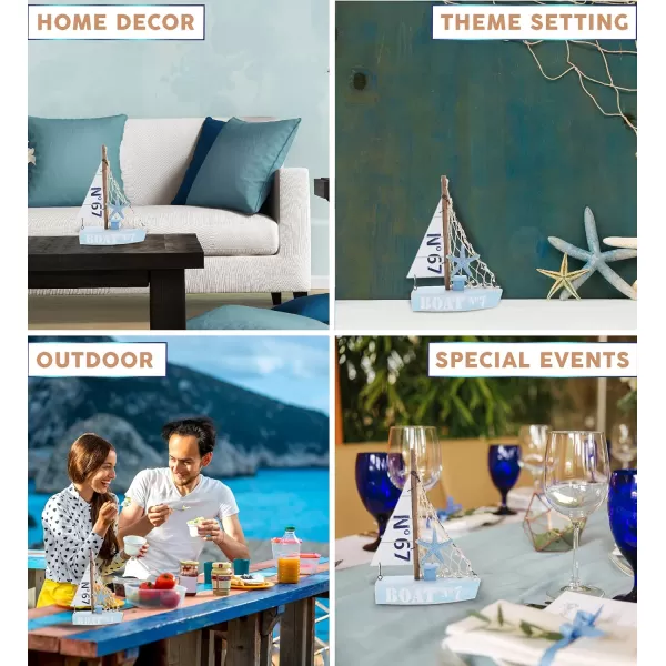 CoTa Global Blue Mist Sailboat Decor  Handmade Wooden Boat Decor Cute Beach Style Model Sail Boat Decorations Nautical Themed Table Top Decor Living Room Centerpiece  8 Inch