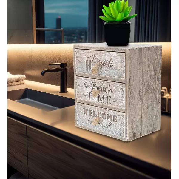 CoTa Global Driftwood Wooden Lighthouse Decor  Handcrafted Nautical Decor Lighthouse with Text Ocean Decor Wood Sculpture Table Top Centerpiece Beach Decorations for Home and Bathroom  108 InchesThree Drawers