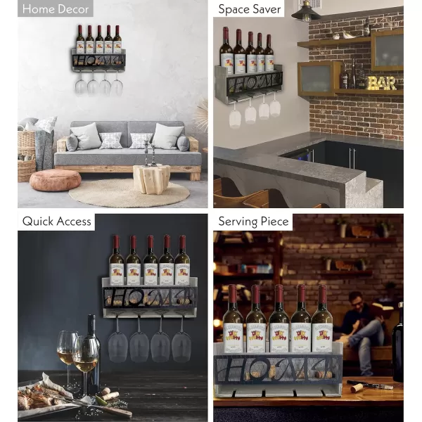 CoTa Global Modern White Wall Mounted Wine Rack  Wooden Wine Bottle Holder for 5 Bottles ampamp 4 Wine Glasses with Cork Storage Hanging Metal HOME Sign ampamp Organizer Wood shelf for Wine Bar ampamp Home DcorModern Grey