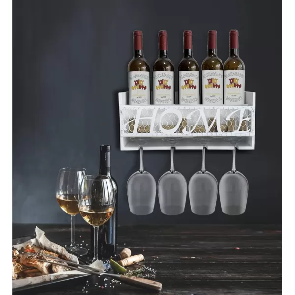CoTa Global Modern White Wall Mounted Wine Rack  Wooden Wine Bottle Holder for 5 Bottles ampamp 4 Wine Glasses with Cork Storage Hanging Metal HOME Sign ampamp Organizer Wood shelf for Wine Bar ampamp Home DcorModern White