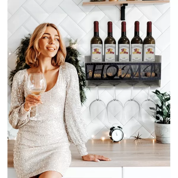 CoTa Global Modern White Wall Mounted Wine Rack  Wooden Wine Bottle Holder for 5 Bottles ampamp 4 Wine Glasses with Cork Storage Hanging Metal HOME Sign ampamp Organizer Wood shelf for Wine Bar ampamp Home DcorModern Grey