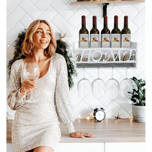 CoTa Global Modern White Wall Mounted Wine Rack  Wooden Wine Bottle Holder for 5 Bottles ampamp 4 Wine Glasses with Cork Storage Hanging Metal HOME Sign ampamp Organizer Wood shelf for Wine Bar ampamp Home DcorModern White