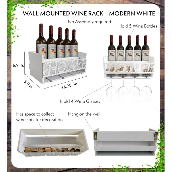CoTa Global Modern White Wall Mounted Wine Rack  Wooden Wine Bottle Holder for 5 Bottles ampamp 4 Wine Glasses with Cork Storage Hanging Metal HOME Sign ampamp Organizer Wood shelf for Wine Bar ampamp Home DcorModern White