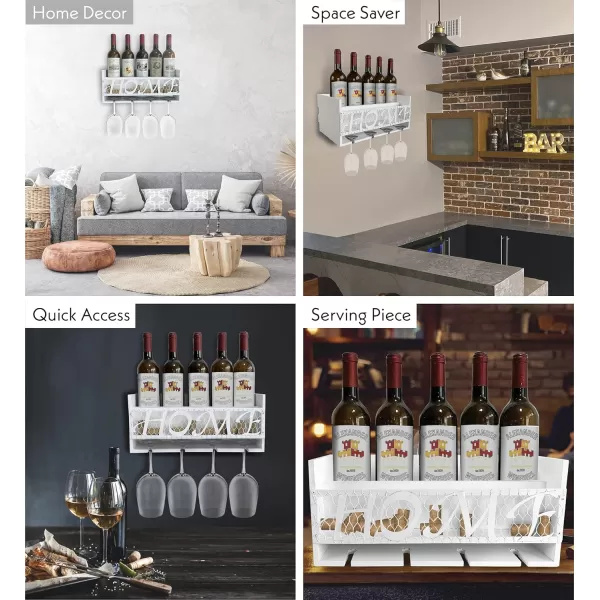 CoTa Global Modern White Wall Mounted Wine Rack  Wooden Wine Bottle Holder for 5 Bottles ampamp 4 Wine Glasses with Cork Storage Hanging Metal HOME Sign ampamp Organizer Wood shelf for Wine Bar ampamp Home DcorModern White
