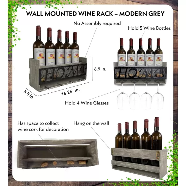 CoTa Global Modern White Wall Mounted Wine Rack  Wooden Wine Bottle Holder for 5 Bottles ampamp 4 Wine Glasses with Cork Storage Hanging Metal HOME Sign ampamp Organizer Wood shelf for Wine Bar ampamp Home DcorModern Grey