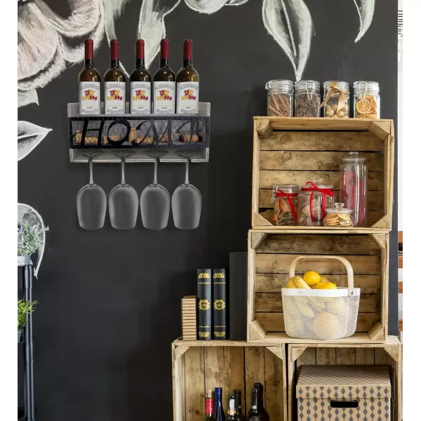 CoTa Global Modern White Wall Mounted Wine Rack  Wooden Wine Bottle Holder for 5 Bottles ampamp 4 Wine Glasses with Cork Storage Hanging Metal HOME Sign ampamp Organizer Wood shelf for Wine Bar ampamp Home DcorModern Grey