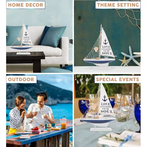 CoTa Global Ocean Blue Sailboat Decor  Handmade Wooden Boat Decor Cute Beach Style Model Sail Boat Decorations Nautical Themed Table Top Decor Living Room Centerpiece  14 Inch