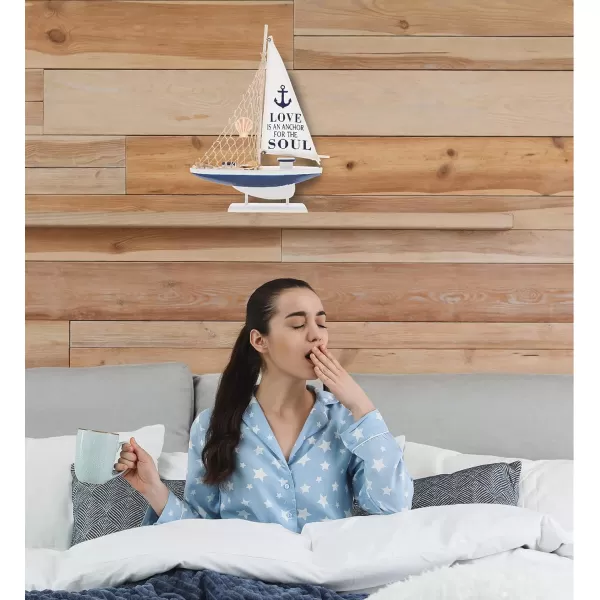 CoTa Global Ocean Blue Sailboat Decor  Handmade Wooden Boat Decor Cute Beach Style Model Sail Boat Decorations Nautical Themed Table Top Decor Living Room Centerpiece  14 Inch