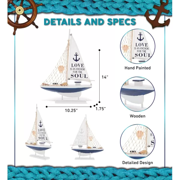 CoTa Global Ocean Blue Sailboat Decor  Handmade Wooden Boat Decor Cute Beach Style Model Sail Boat Decorations Nautical Themed Table Top Decor Living Room Centerpiece  14 Inch