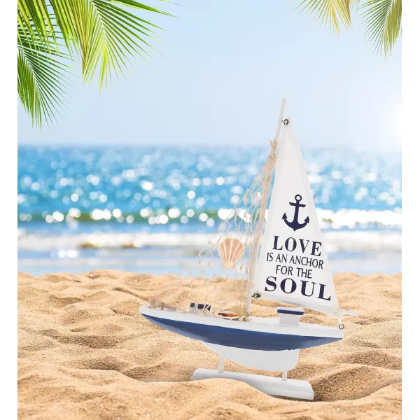 CoTa Global Ocean Blue Sailboat Decor  Handmade Wooden Boat Decor Cute Beach Style Model Sail Boat Decorations Nautical Themed Table Top Decor Living Room Centerpiece  14 Inch
