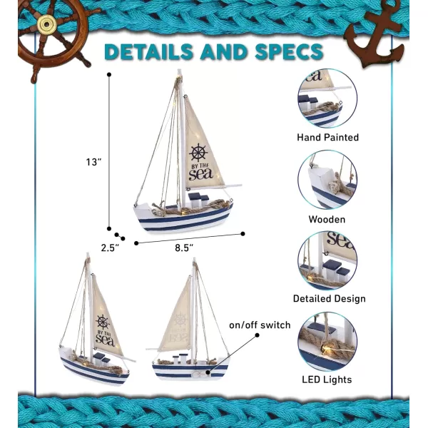 CoTa Global Ocean Blue Sea Boat with LED Light  Handmade Wooden Boat Decor Beach Style Model Sail Boat Decorations Nautical Themed Table Top Decor