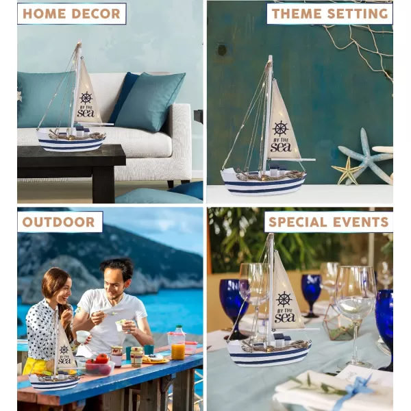 CoTa Global Ocean Blue Sea Boat with LED Light  Handmade Wooden Boat Decor Beach Style Model Sail Boat Decorations Nautical Themed Table Top Decor