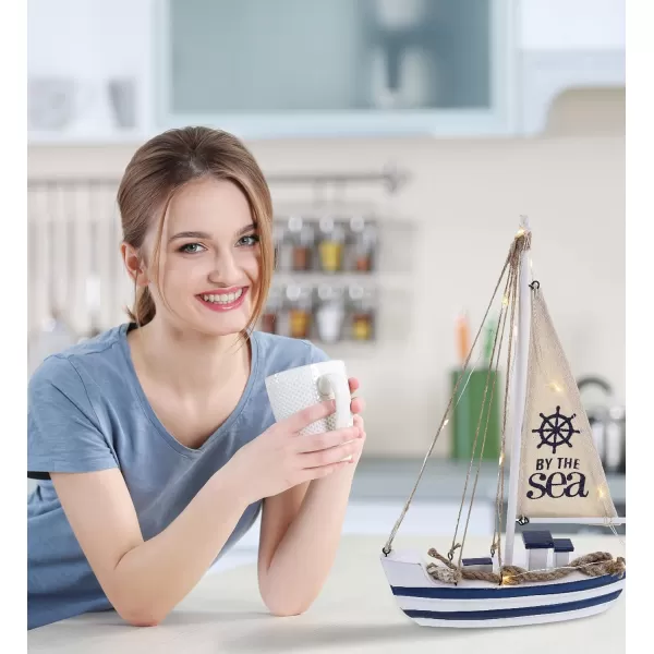 CoTa Global Ocean Blue Sea Boat with LED Light  Handmade Wooden Boat Decor Beach Style Model Sail Boat Decorations Nautical Themed Table Top Decor