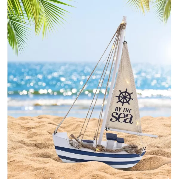 CoTa Global Ocean Blue Sea Boat with LED Light  Handmade Wooden Boat Decor Beach Style Model Sail Boat Decorations Nautical Themed Table Top Decor