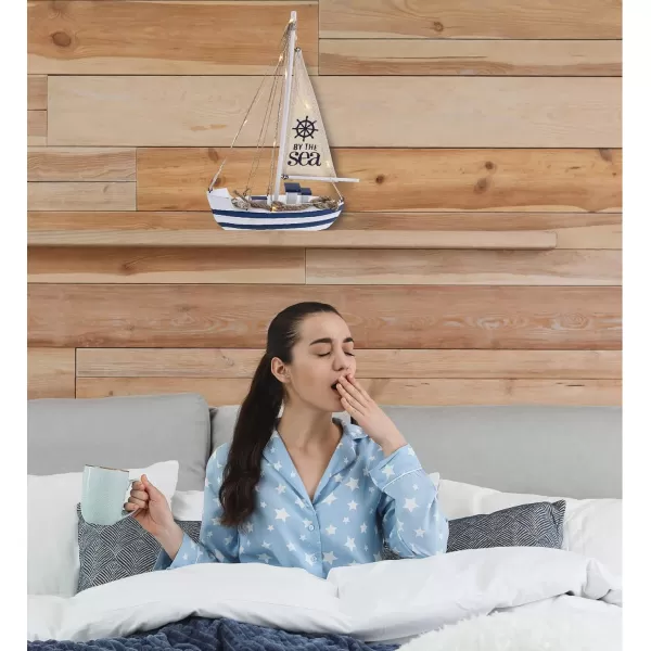 CoTa Global Ocean Blue Sea Boat with LED Light  Handmade Wooden Boat Decor Beach Style Model Sail Boat Decorations Nautical Themed Table Top Decor