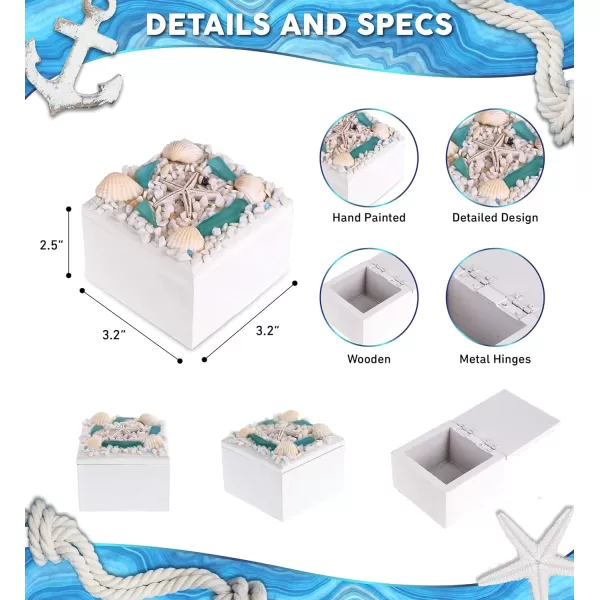 CoTa Global Oceanic Square Jewelry Box  Handcrafted Nautical Trinket with Seashell and Starfish Decorations Accent Tabletop Home Decor Beach Sea Shell Jewelry Storage Organizer  32 Inch