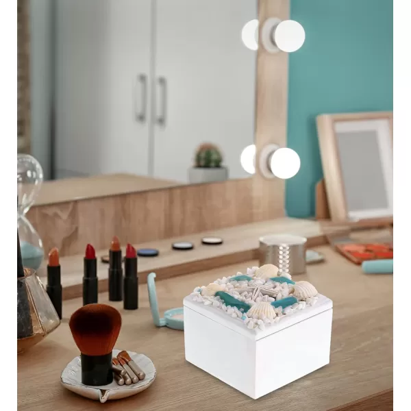 CoTa Global Oceanic Square Jewelry Box  Handcrafted Nautical Trinket with Seashell and Starfish Decorations Accent Tabletop Home Decor Beach Sea Shell Jewelry Storage Organizer  32 Inch