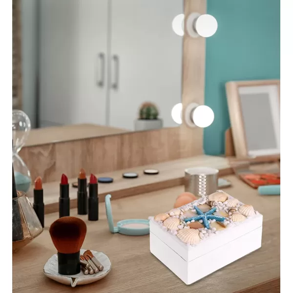 CoTa Global Oceanic White Wooden Jewelry Box  Handcrafted Nautical Trinket with Seashell and Starfish Decorations Accent Tabletop Decor Jewelry Storage  44 Inch