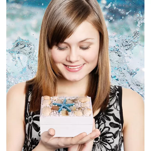 CoTa Global Oceanic White Wooden Jewelry Box  Handcrafted Nautical Trinket with Seashell and Starfish Decorations Accent Tabletop Decor Jewelry Storage  44 Inch