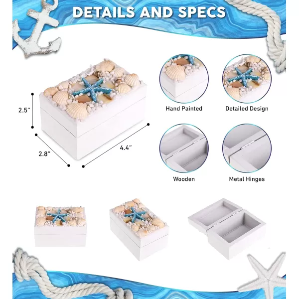 CoTa Global Oceanic White Wooden Jewelry Box  Handcrafted Nautical Trinket with Seashell and Starfish Decorations Accent Tabletop Decor Jewelry Storage  44 Inch