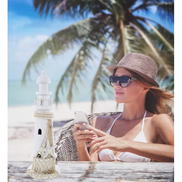 CoTa Global Puzzled White Lighthouse Decor  Handmade and Crafted Wooden Lighthouse Decoration with Starfish Beach Style Tabletop Centerpiece Home Decor  14 Inches