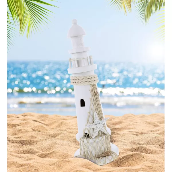 CoTa Global Puzzled White Lighthouse Decor  Handmade and Crafted Wooden Lighthouse Decoration with Starfish Beach Style Tabletop Centerpiece Home Decor  14 Inches