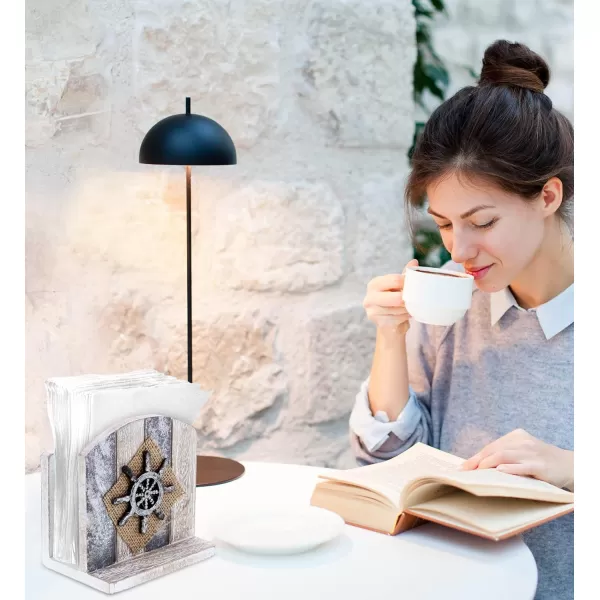 CoTa Global Silver Sea Nautical Wooden Napkin Holder  Table Top Centerpiece Coastal Decor for Kitchen Home Beach House Rustic Decorative Napkin Holder with Boat Wheel  Handmade Color May Vary