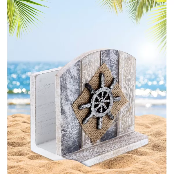 CoTa Global Silver Sea Nautical Wooden Napkin Holder  Table Top Centerpiece Coastal Decor for Kitchen Home Beach House Rustic Decorative Napkin Holder with Boat Wheel  Handmade Color May Vary