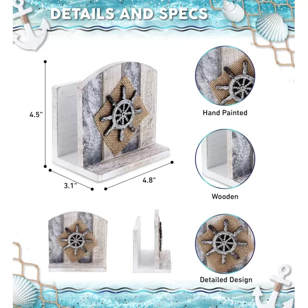 CoTa Global Silver Sea Nautical Wooden Napkin Holder  Table Top Centerpiece Coastal Decor for Kitchen Home Beach House Rustic Decorative Napkin Holder with Boat Wheel  Handmade Color May Vary