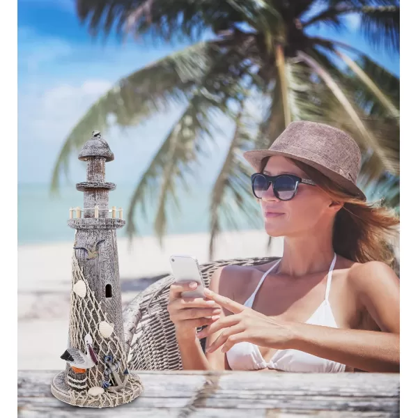 Puzzled COTA Global Brown Wooden Lighthouse Decor  Handmade and Crafted Wooden Lighthouse Decoration with Pelican and Fishing Net Tabletop Home Decor  1575 Inches