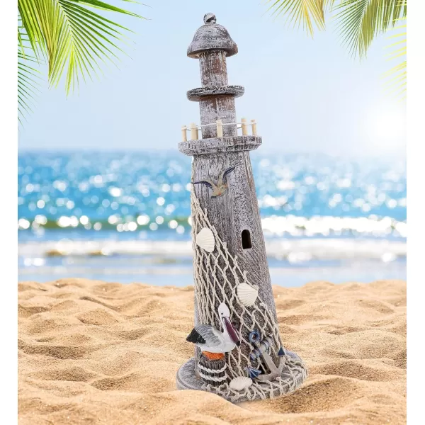 Puzzled COTA Global Brown Wooden Lighthouse Decor  Handmade and Crafted Wooden Lighthouse Decoration with Pelican and Fishing Net Tabletop Home Decor  1575 Inches