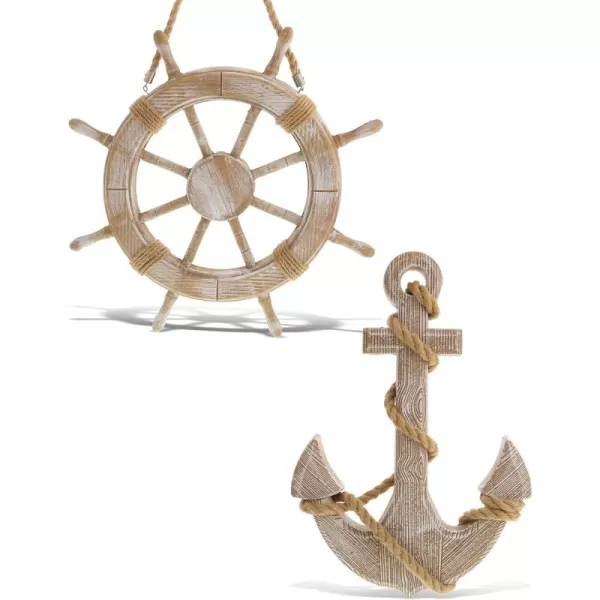CoTa Global Baja Beach Wall Decor Anchor and Ship Wheel Set  Handmade and Crafted Wooden Anchor and Wheel with Ropes for Hanging Nautical Themed Home Decor