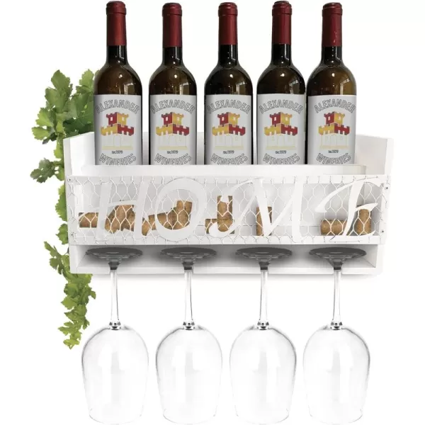 CoTa Global Modern White Wall Mounted Wine Rack  Wooden Wine Bottle Holder for 5 Bottles ampamp 4 Wine Glasses with Cork Storage Hanging Metal HOME Sign ampamp Organizer Wood shelf for Wine Bar ampamp Home DcorModern White