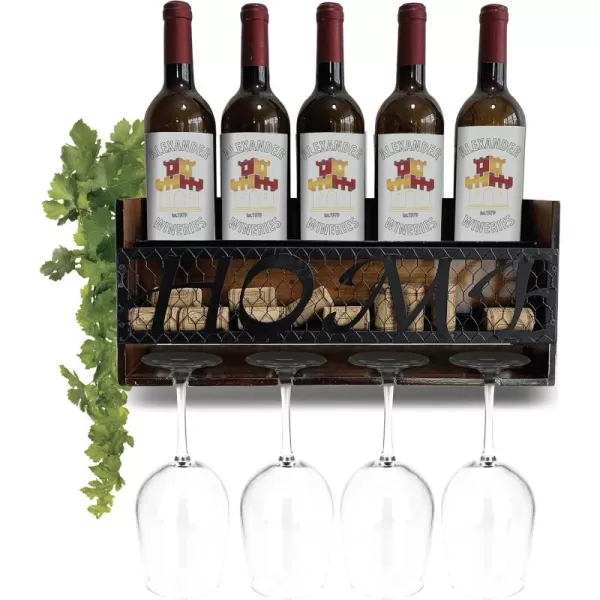CoTa Global Modern White Wall Mounted Wine Rack  Wooden Wine Bottle Holder for 5 Bottles ampamp 4 Wine Glasses with Cork Storage Hanging Metal HOME Sign ampamp Organizer Wood shelf for Wine Bar ampamp Home DcorVintage Brown